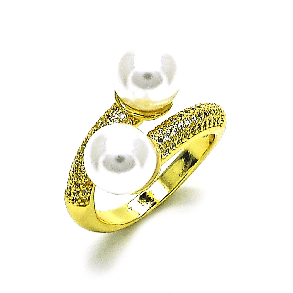 Oro Laminado Multi Stone Ring, Gold Filled Style with White Micro Pave and Ivory Pearl, Polished, Golden Finish