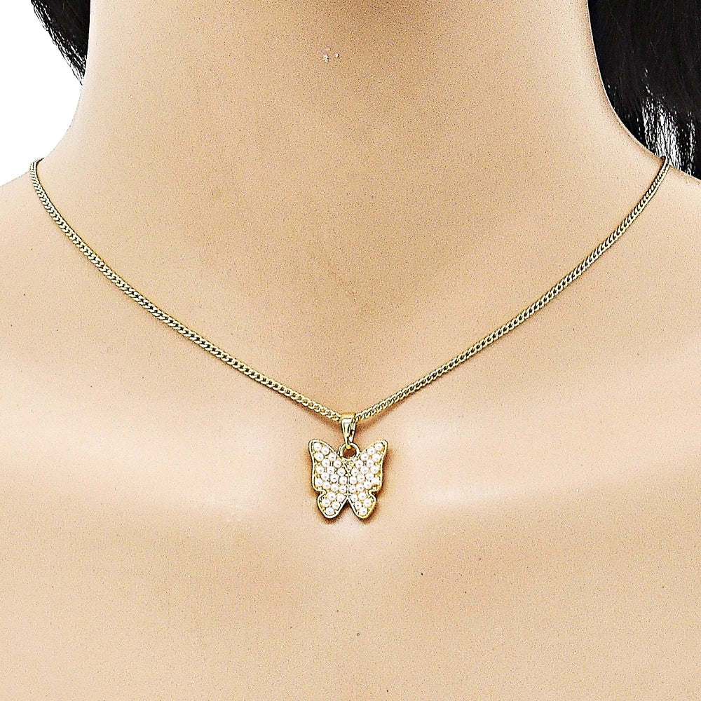 Oro Laminado Earring and Pendant Adult Set, Gold Filled Style Butterfly Design, with Ivory Pearl, Polished, Golden Finish