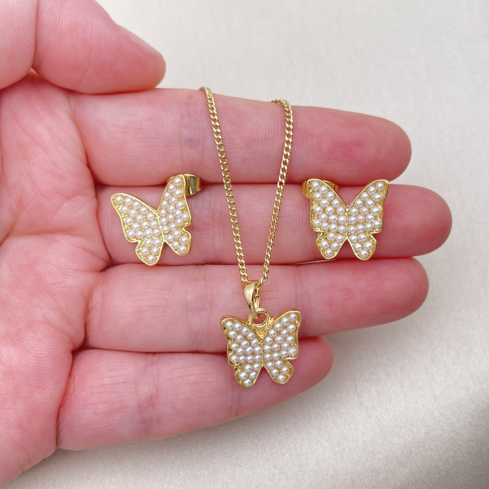 Oro Laminado Earring and Pendant Adult Set, Gold Filled Style Butterfly Design, with Ivory Pearl, Polished, Golden Finish