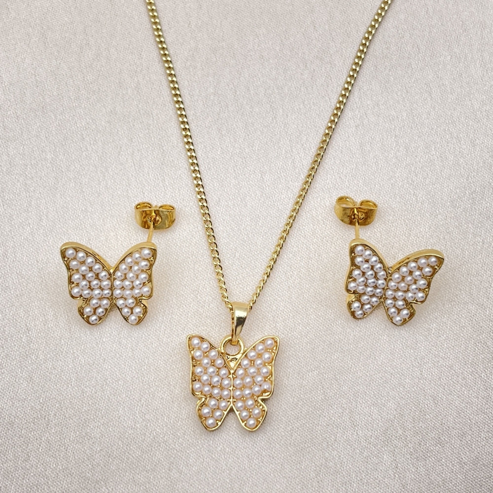 Oro Laminado Earring and Pendant Adult Set, Gold Filled Style Butterfly Design, with Ivory Pearl, Polished, Golden Finish
