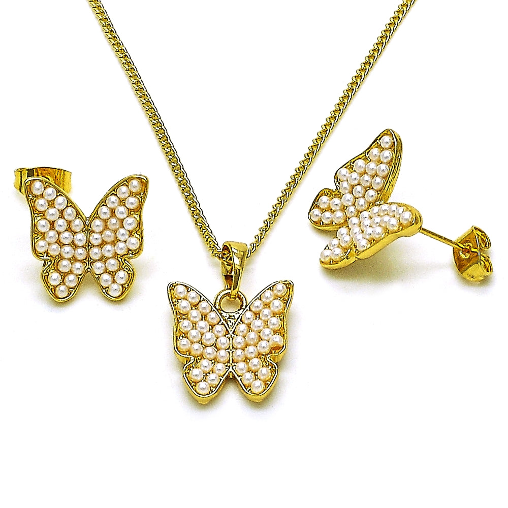 Oro Laminado Earring and Pendant Adult Set, Gold Filled Style Butterfly Design, with Ivory Pearl, Polished, Golden Finish