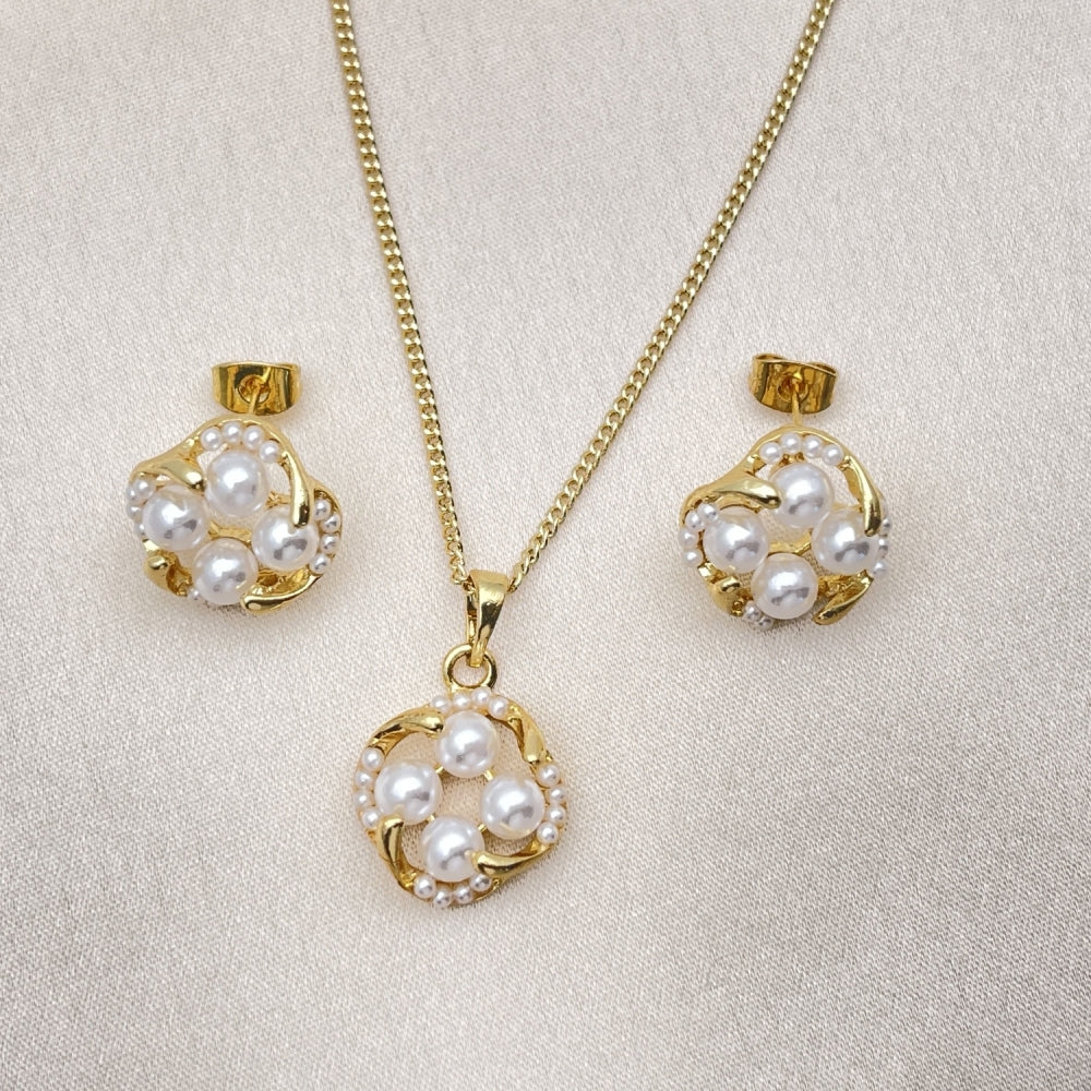 Oro Laminado Earring and Pendant Adult Set, Gold Filled Style with Ivory Pearl, Polished, Golden Finish