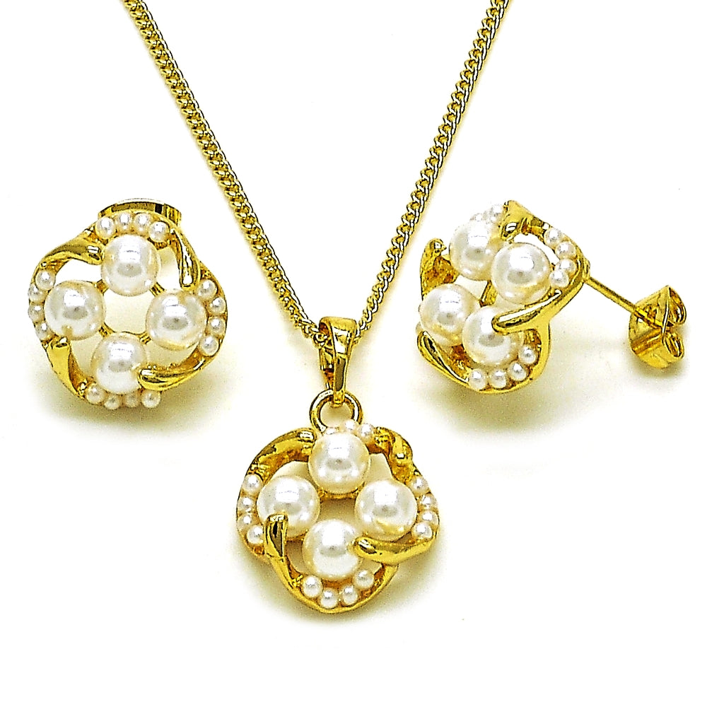 Oro Laminado Earring and Pendant Adult Set, Gold Filled Style with Ivory Pearl, Polished, Golden Finish