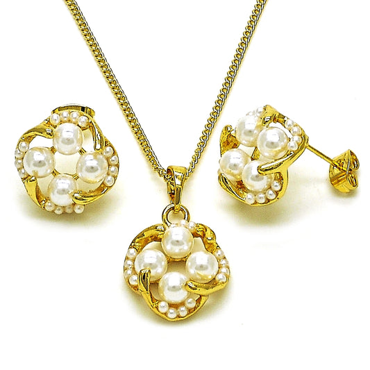 Oro Laminado Earring and Pendant Adult Set, Gold Filled Style with Ivory Pearl, Polished, Golden Finish