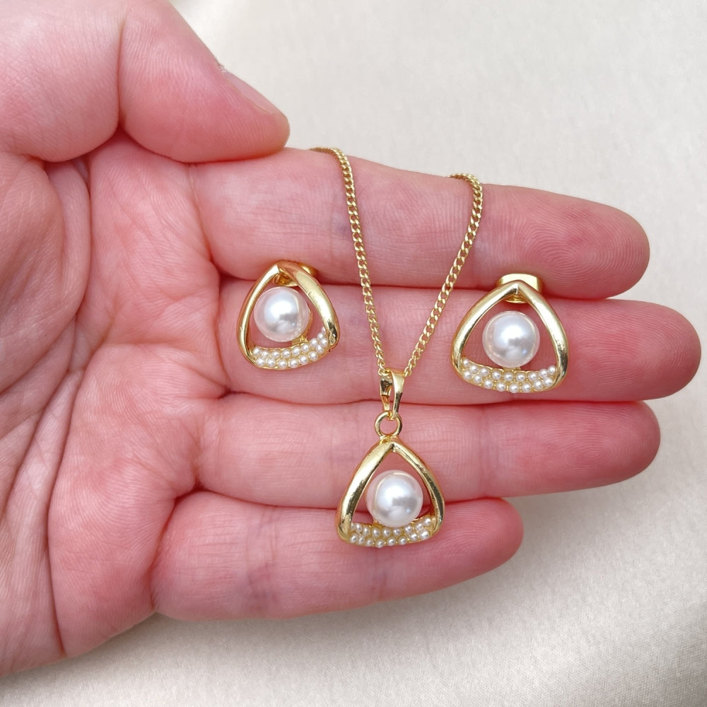 Oro Laminado Earring and Pendant Adult Set, Gold Filled Style with Ivory Pearl, Polished, Golden Finish