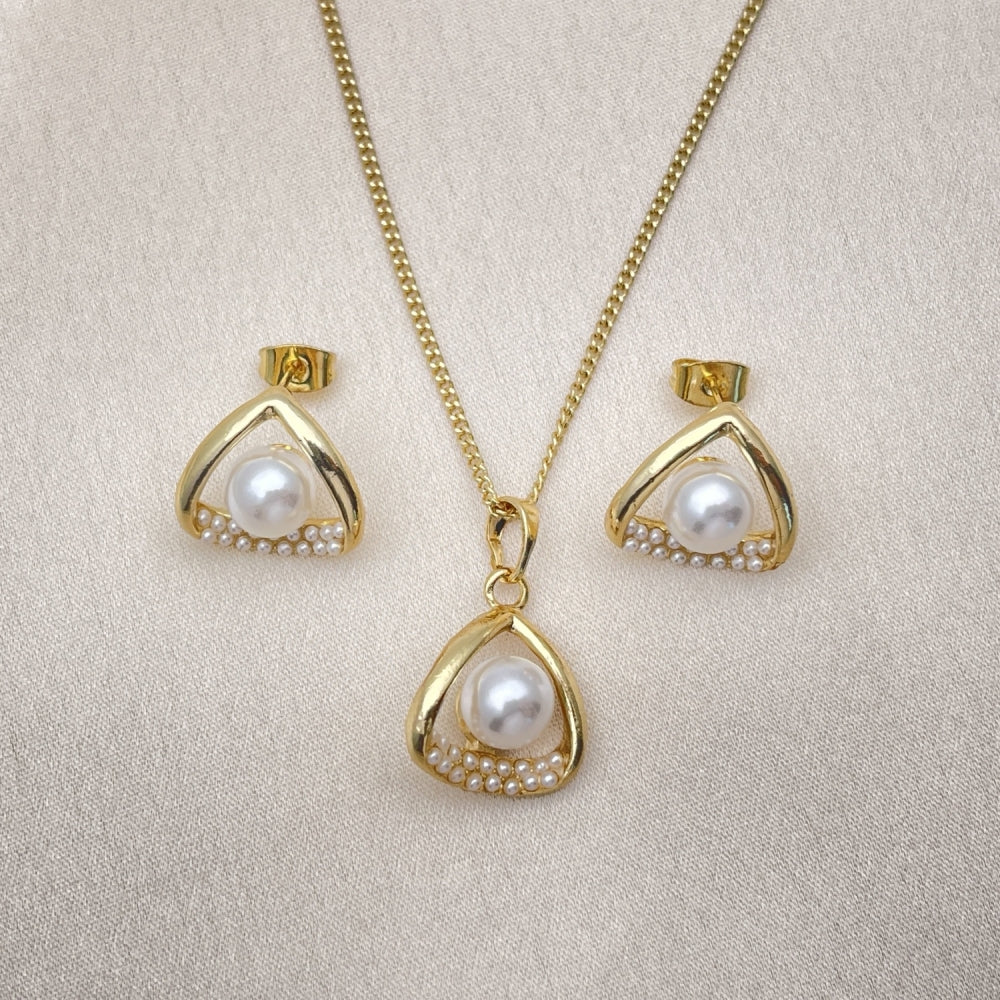 Oro Laminado Earring and Pendant Adult Set, Gold Filled Style with Ivory Pearl, Polished, Golden Finish