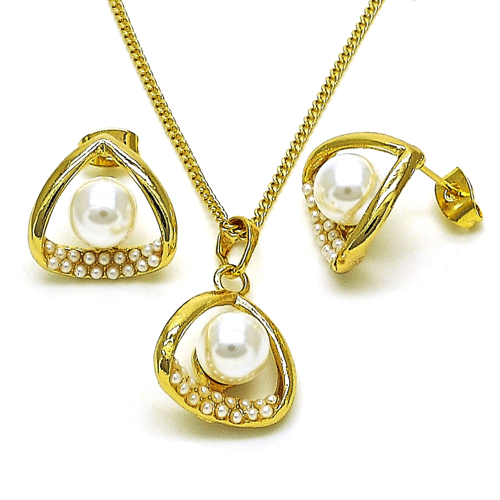 Oro Laminado Earring and Pendant Adult Set, Gold Filled Style with Ivory Pearl, Polished, Golden Finish