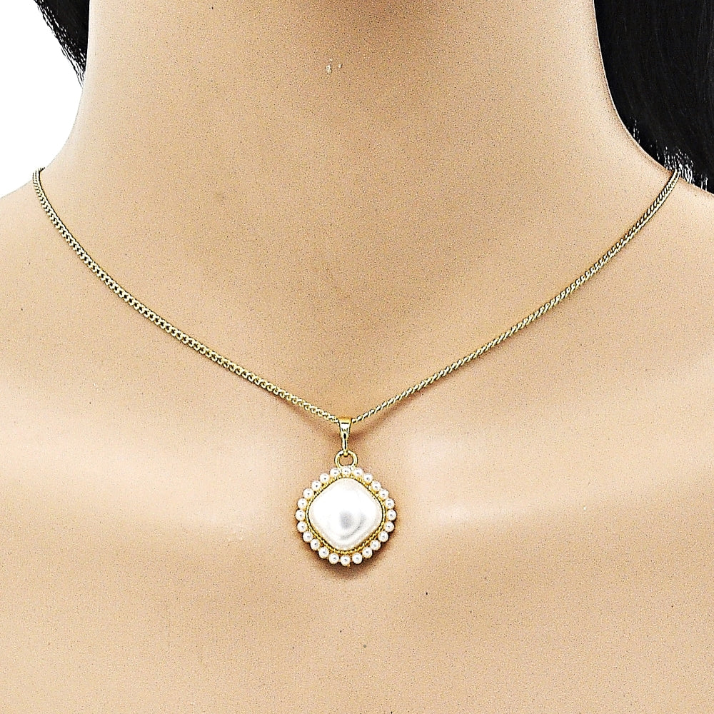 Oro Laminado Earring and Pendant Adult Set, Gold Filled Style with Ivory Pearl, Polished, Golden Finish