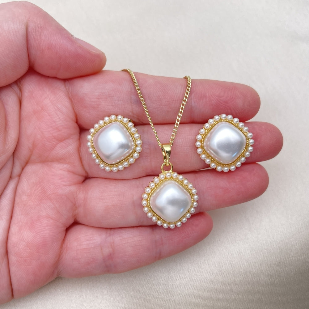 Oro Laminado Earring and Pendant Adult Set, Gold Filled Style with Ivory Pearl, Polished, Golden Finish