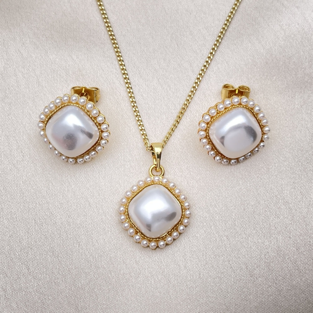 Oro Laminado Earring and Pendant Adult Set, Gold Filled Style with Ivory Pearl, Polished, Golden Finish