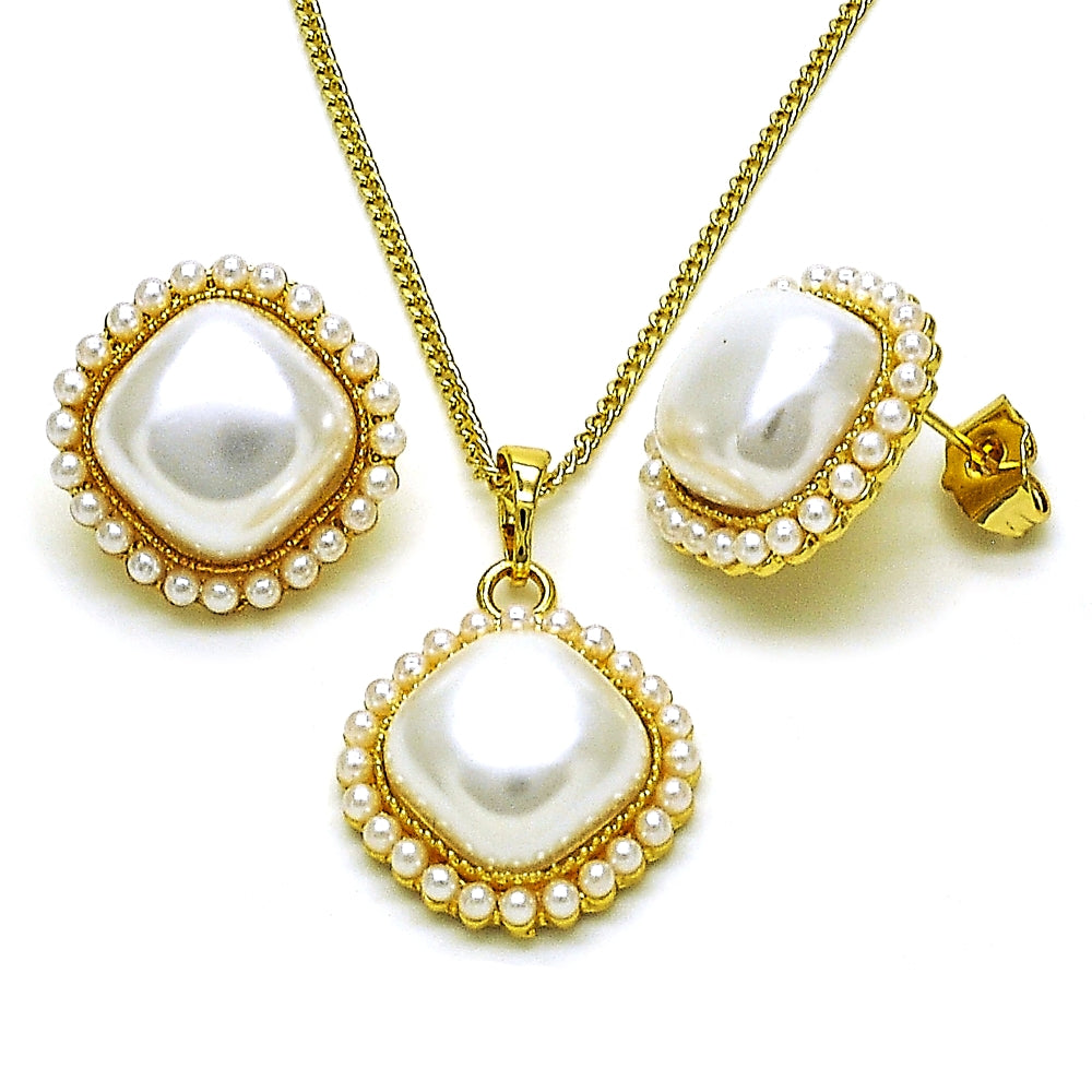 Oro Laminado Earring and Pendant Adult Set, Gold Filled Style with Ivory Pearl, Polished, Golden Finish