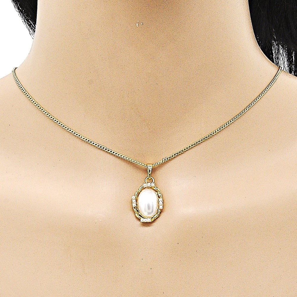 Oro Laminado Earring and Pendant Adult Set, Gold Filled Style Twist Design, with Ivory Pearl, Polished, Golden Finish
