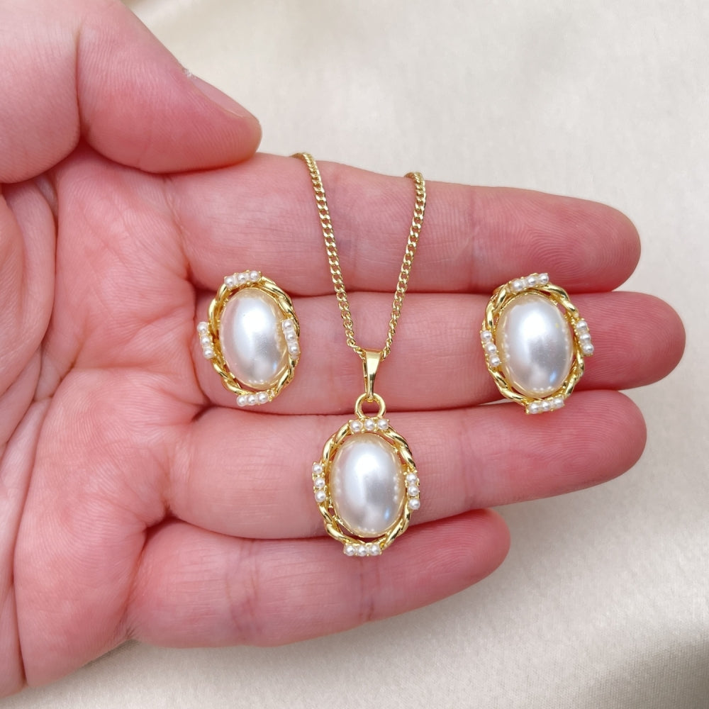Oro Laminado Earring and Pendant Adult Set, Gold Filled Style Twist Design, with Ivory Pearl, Polished, Golden Finish