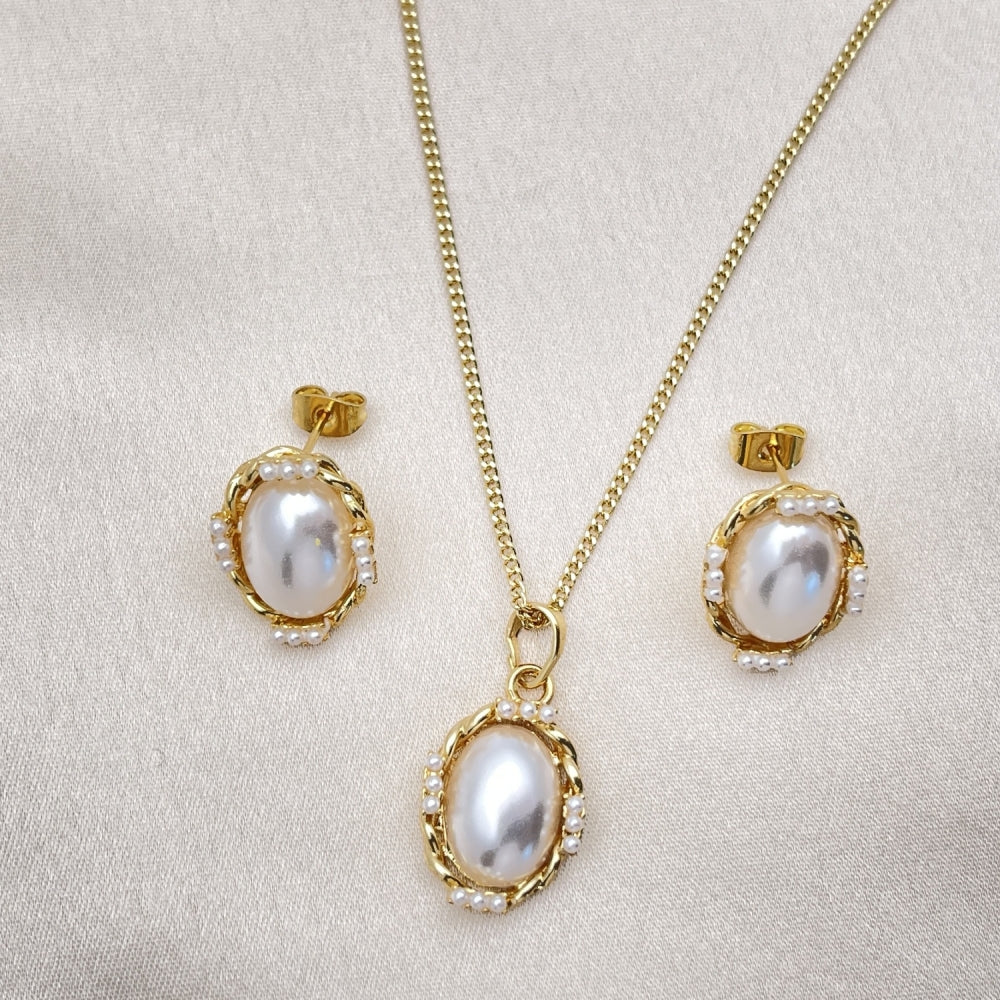 Oro Laminado Earring and Pendant Adult Set, Gold Filled Style Twist Design, with Ivory Pearl, Polished, Golden Finish