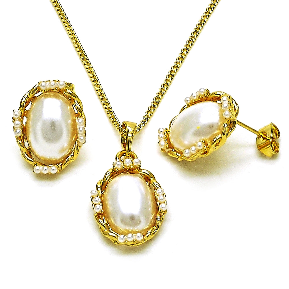 Oro Laminado Earring and Pendant Adult Set, Gold Filled Style Twist Design, with Ivory Pearl, Polished, Golden Finish