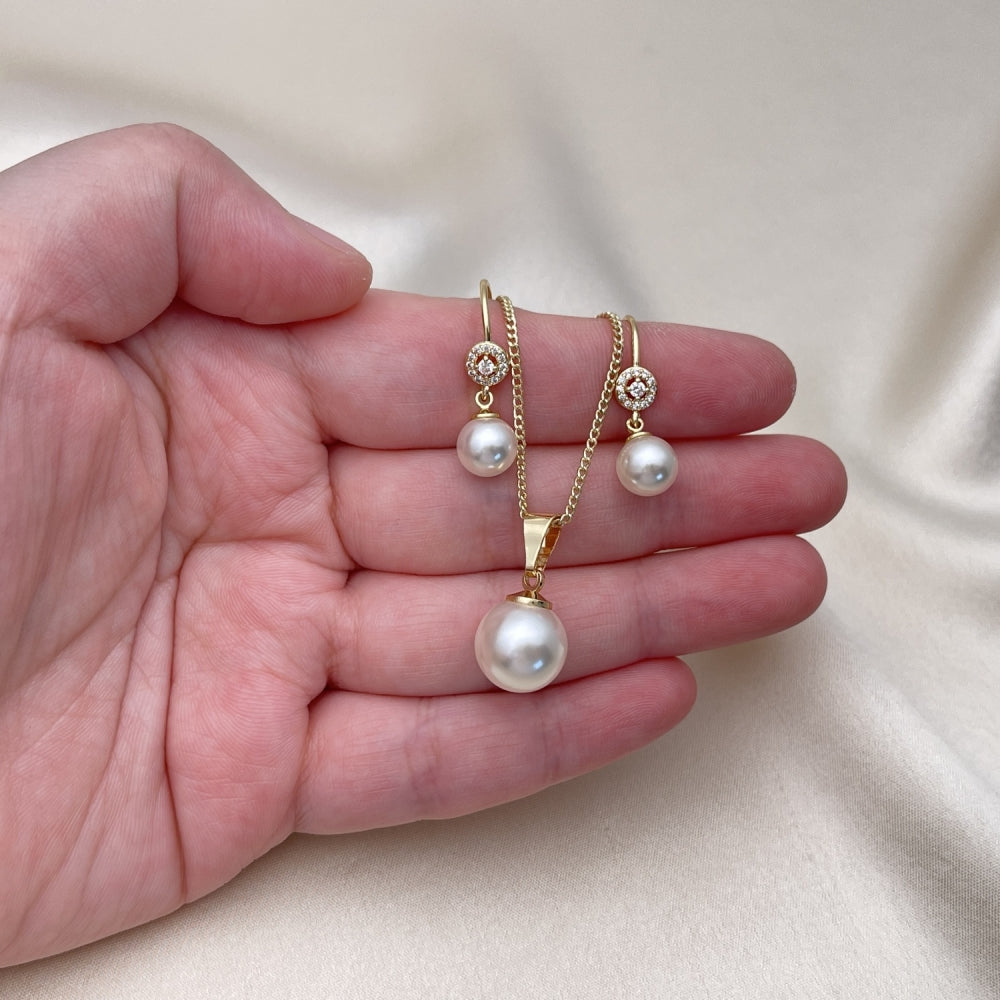 Oro Laminado Earring and Pendant Adult Set, Gold Filled Style Ball Design, with Ivory Pearl and White Micro Pave, Polished, Golden Finish
