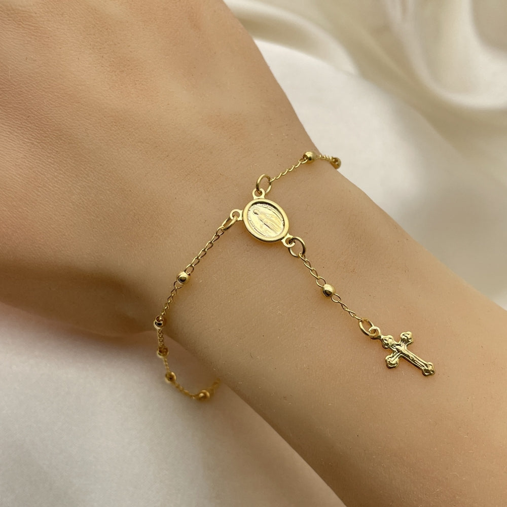 Oro Laminado Bracelet Rosary, Gold Filled Style Cross and Altagracia Design, Polished, Golden Finish