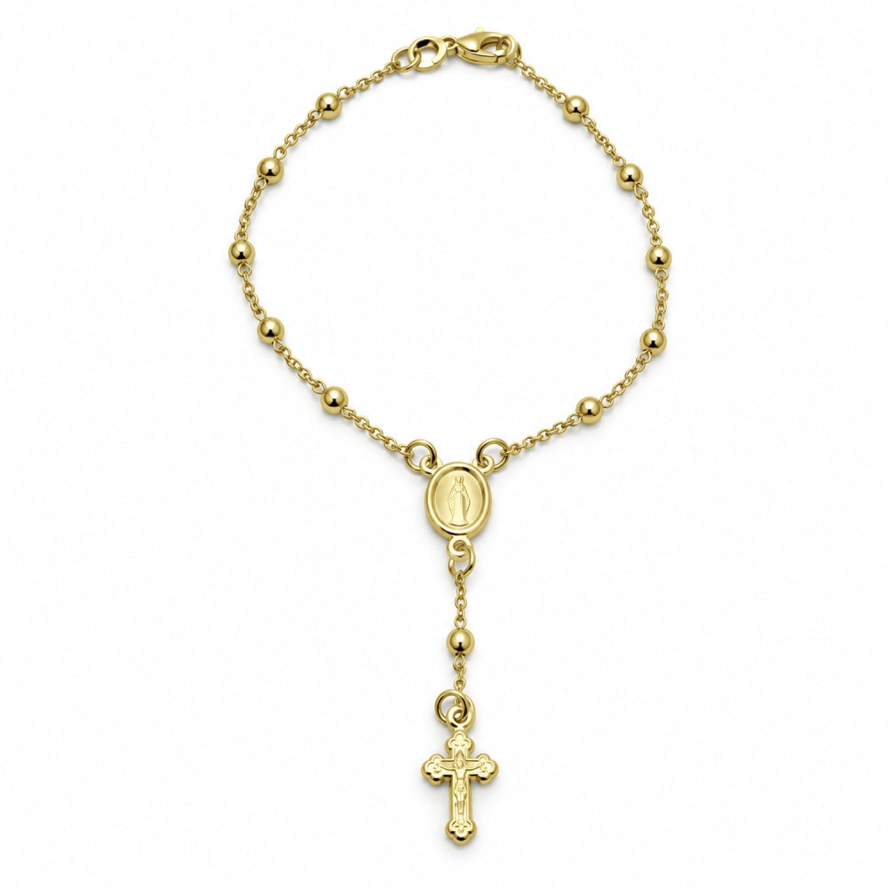 Oro Laminado Bracelet Rosary, Gold Filled Style Cross and Altagracia Design, Polished, Golden Finish