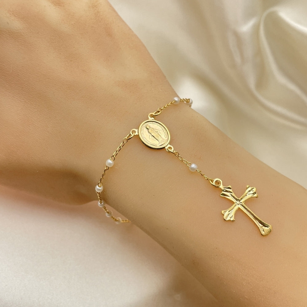 Oro Laminado Bracelet Rosary, Gold Filled Style Cross and Altagracia Design, Polished, Golden Finish