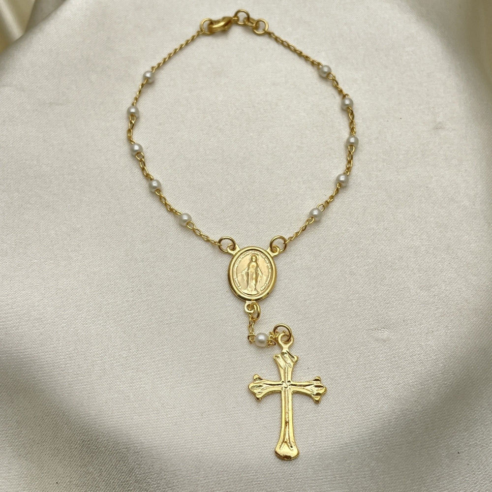 Oro Laminado Bracelet Rosary, Gold Filled Style Cross and Altagracia Design, Polished, Golden Finish