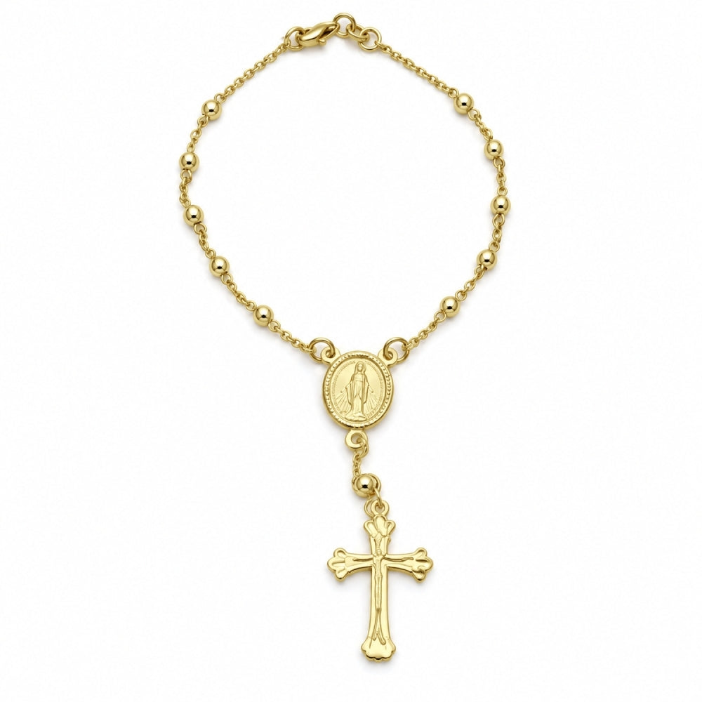 Oro Laminado Bracelet Rosary, Gold Filled Style Cross and Altagracia Design, Polished, Golden Finish