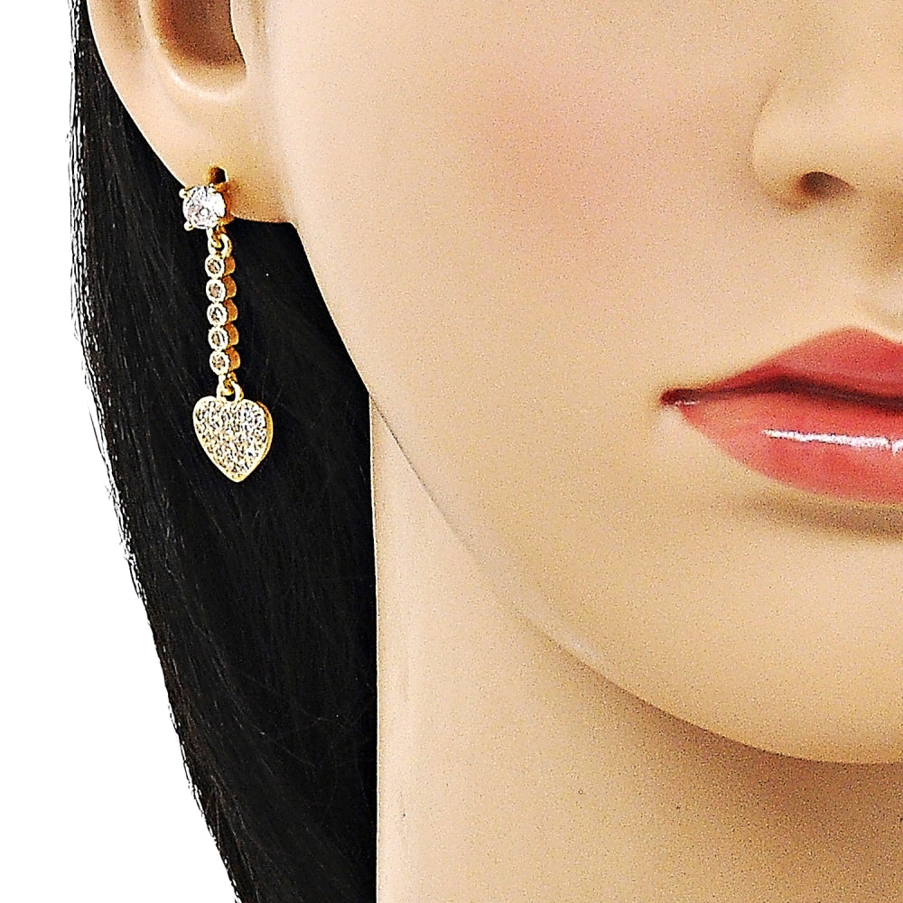 Oro Laminado Long Earring, Gold Filled Style Heart Design, with White Cubic Zirconia and White Micro Pave, Polished, Golden Finish