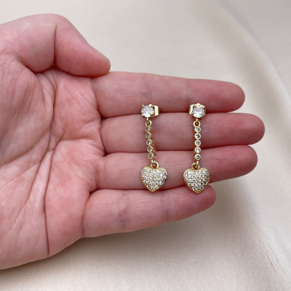 Oro Laminado Long Earring, Gold Filled Style Heart Design, with White Cubic Zirconia and White Micro Pave, Polished, Golden Finish