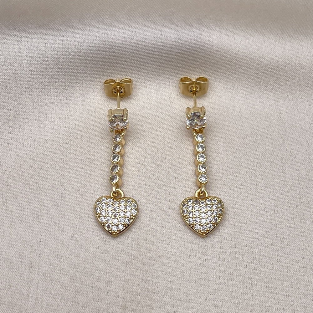 Oro Laminado Long Earring, Gold Filled Style Heart Design, with White Cubic Zirconia and White Micro Pave, Polished, Golden Finish