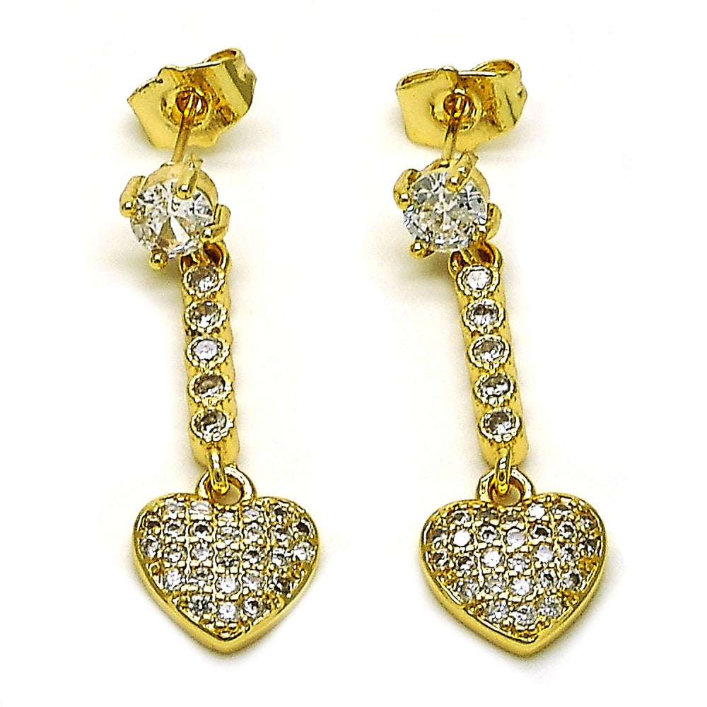 Oro Laminado Long Earring, Gold Filled Style Heart Design, with White Cubic Zirconia and White Micro Pave, Polished, Golden Finish