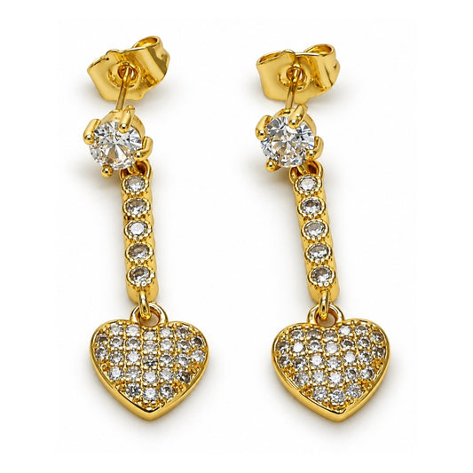 Oro Laminado Long Earring, Gold Filled Style Heart Design, with White Cubic Zirconia and White Micro Pave, Polished, Golden Finish