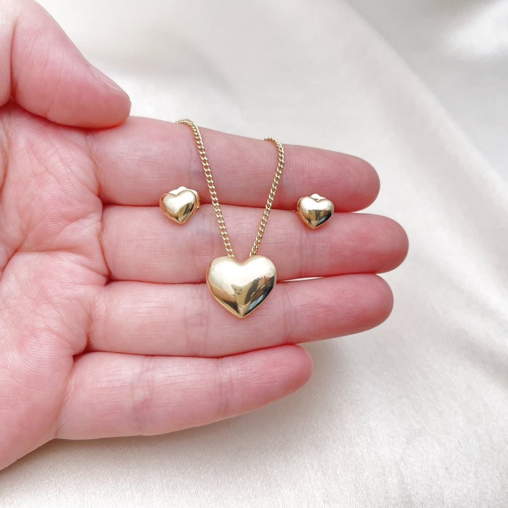 Oro Laminado Earring and Pendant Adult Set, Gold Filled Style Heart Design, Polished, Golden Finish