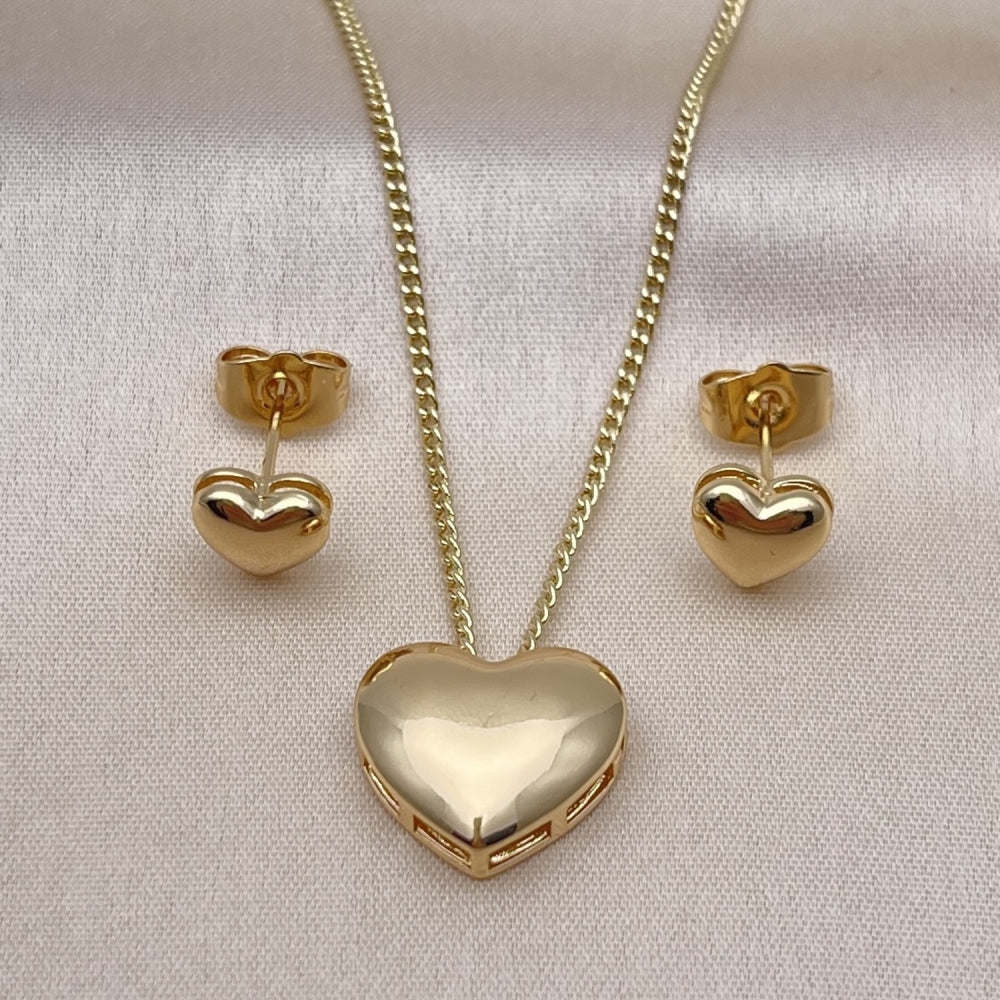 Oro Laminado Earring and Pendant Adult Set, Gold Filled Style Heart Design, Polished, Golden Finish