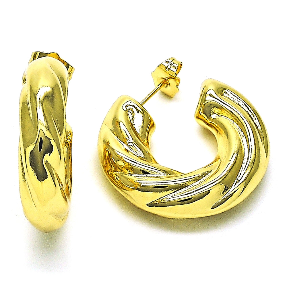 Oro Laminado Medium Hoop, Gold Filled Style Hollow and Twist Design, Polished, Golden Finish