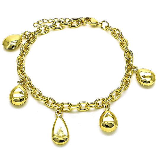 Oro Laminado Charm Bracelet, Gold Filled Style Teardrop and Rolo Design, Polished, Golden Finish