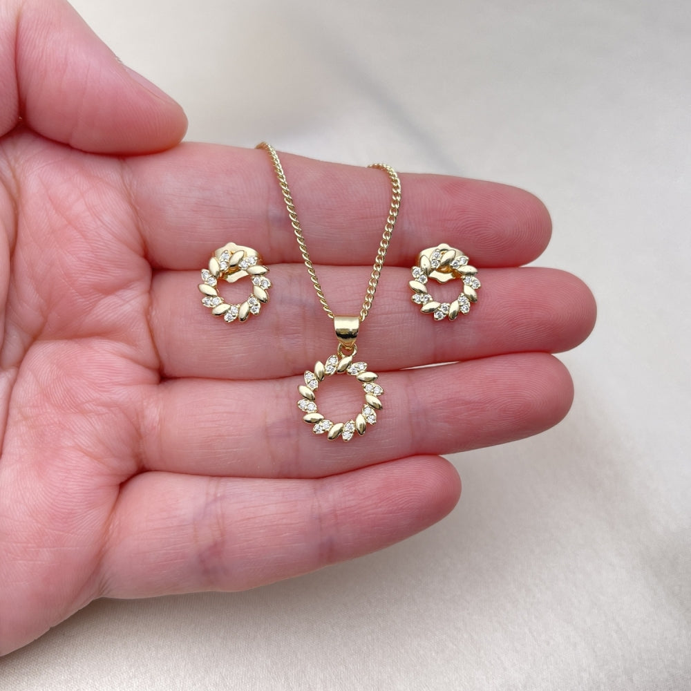 Oro Laminado Earring and Pendant Adult Set, Gold Filled Style Flower and Leaf Design, with White Micro Pave, Polished, Golden Finish