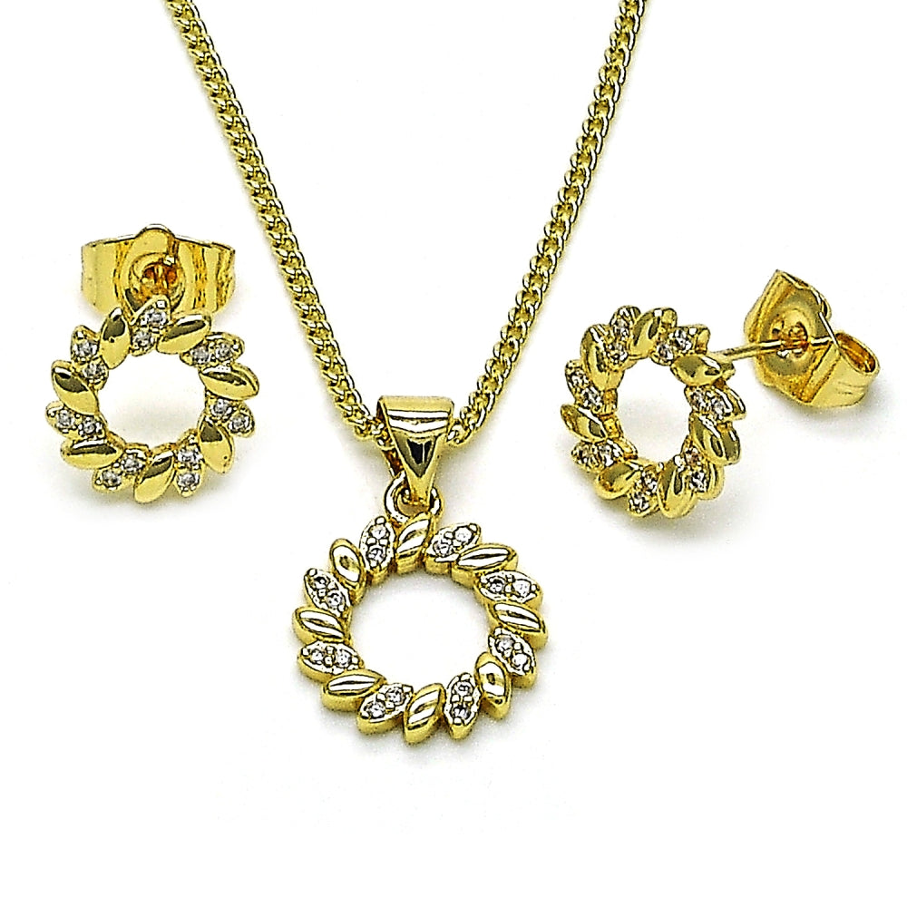 Oro Laminado Earring and Pendant Adult Set, Gold Filled Style Flower and Leaf Design, with White Micro Pave, Polished, Golden Finish