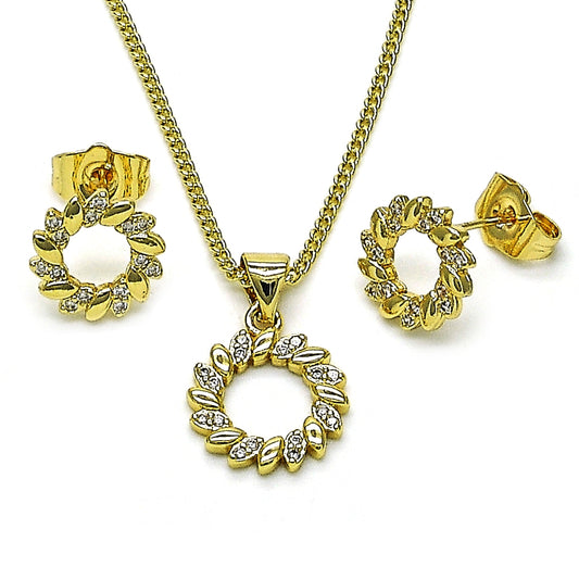 Oro Laminado Earring and Pendant Adult Set, Gold Filled Style Flower and Leaf Design, with White Micro Pave, Polished, Golden Finish