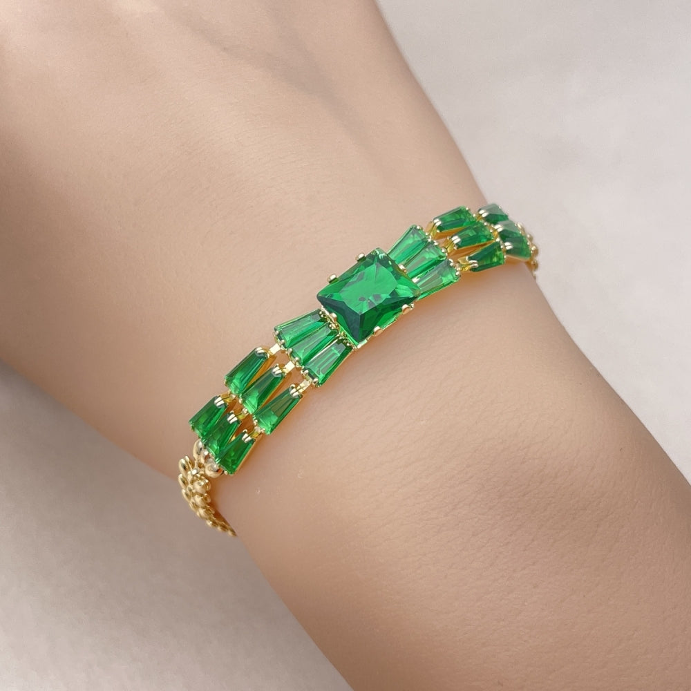 Oro Laminado Fancy Bracelet, Gold Filled Style Baguette and Leaf Design, with Green Cubic Zirconia, Polished, Golden Finish