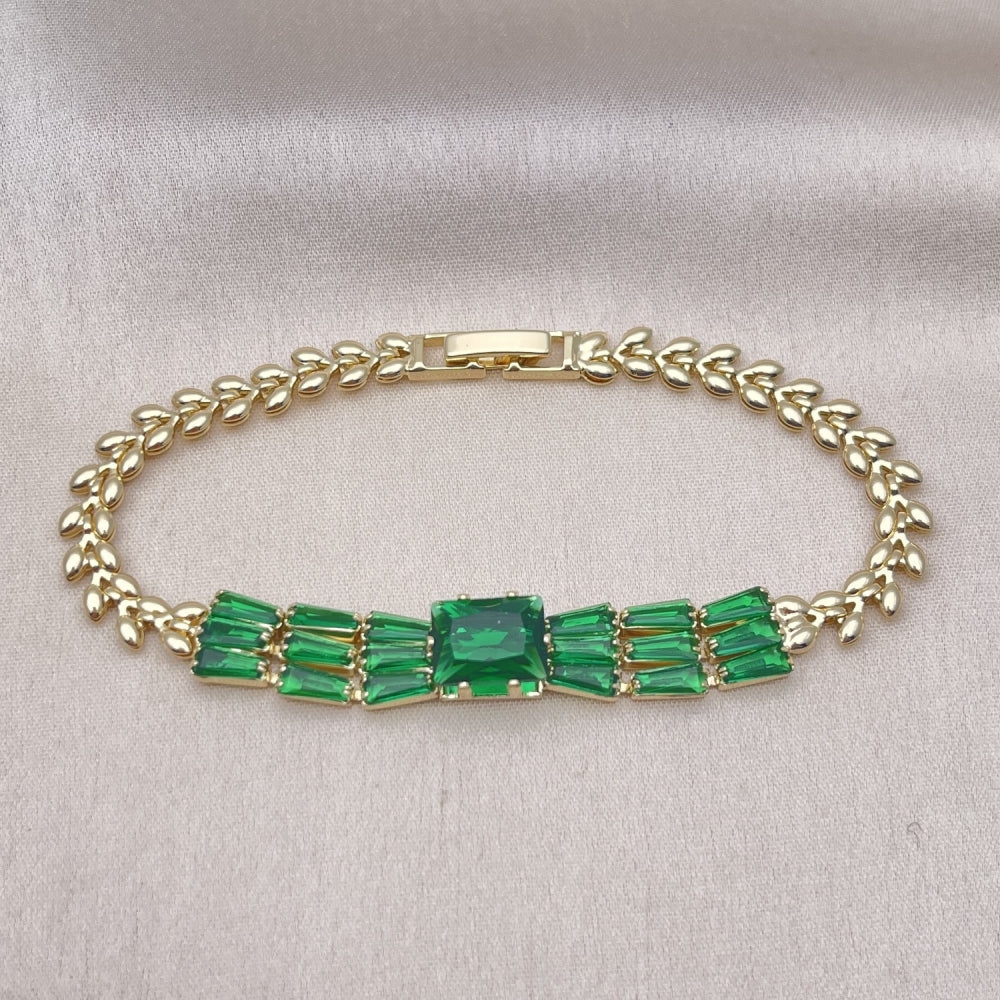 Oro Laminado Fancy Bracelet, Gold Filled Style Baguette and Leaf Design, with Green Cubic Zirconia, Polished, Golden Finish