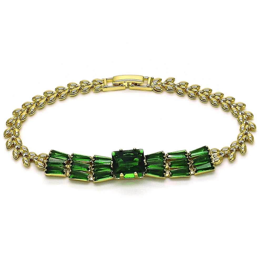 Oro Laminado Fancy Bracelet, Gold Filled Style Baguette and Leaf Design, with Green Cubic Zirconia, Polished, Golden Finish