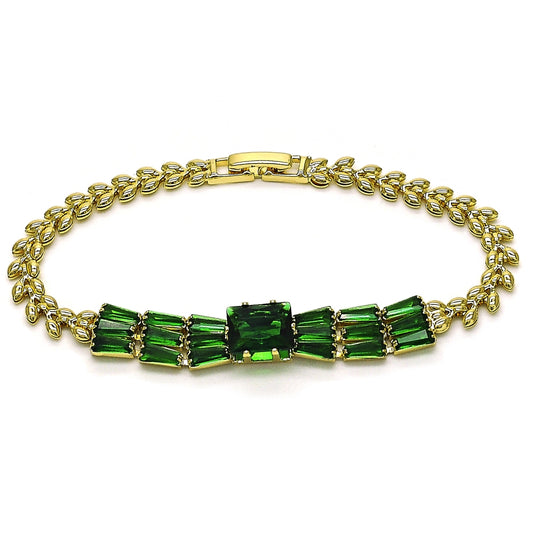 Oro Laminado Fancy Bracelet, Gold Filled Style Baguette and Leaf Design, with Green Cubic Zirconia, Polished, Golden Finish