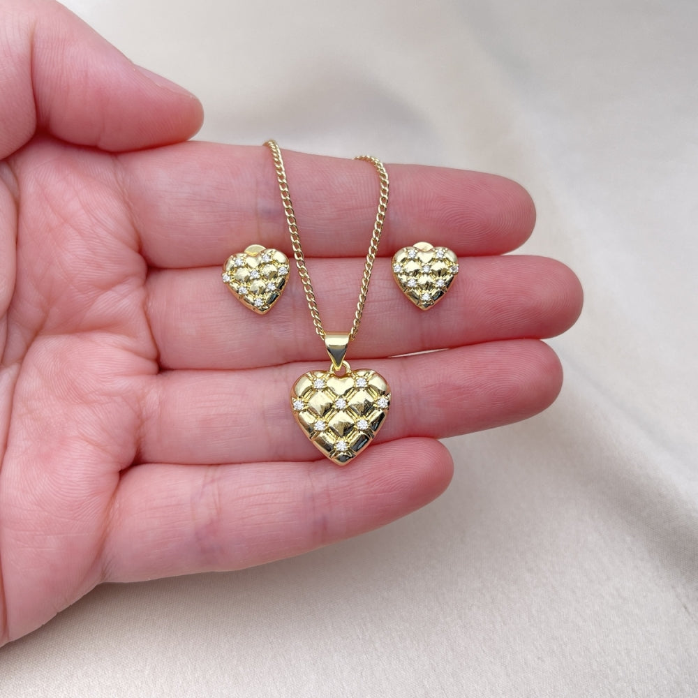 Oro Laminado Earring and Pendant Adult Set, Gold Filled Style Heart Design, with White Cubic Zirconia, Polished, Golden Finish