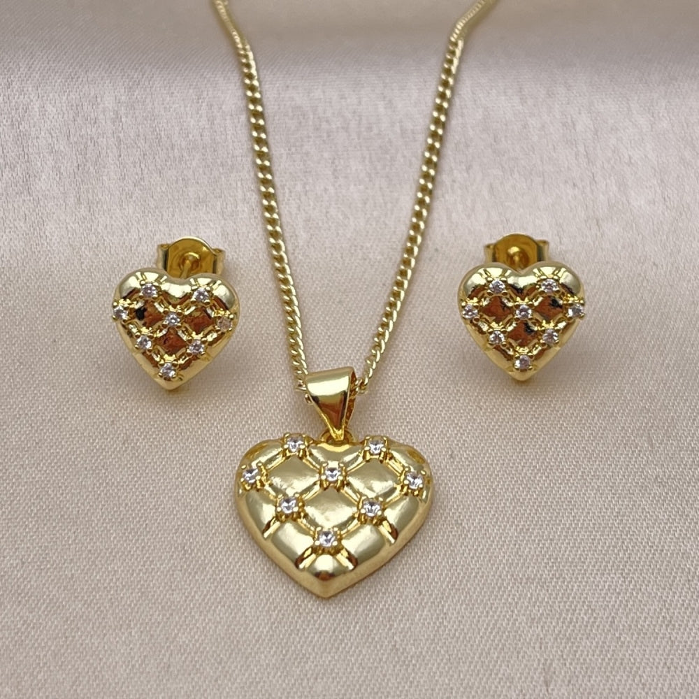 Oro Laminado Earring and Pendant Adult Set, Gold Filled Style Heart Design, with White Cubic Zirconia, Polished, Golden Finish
