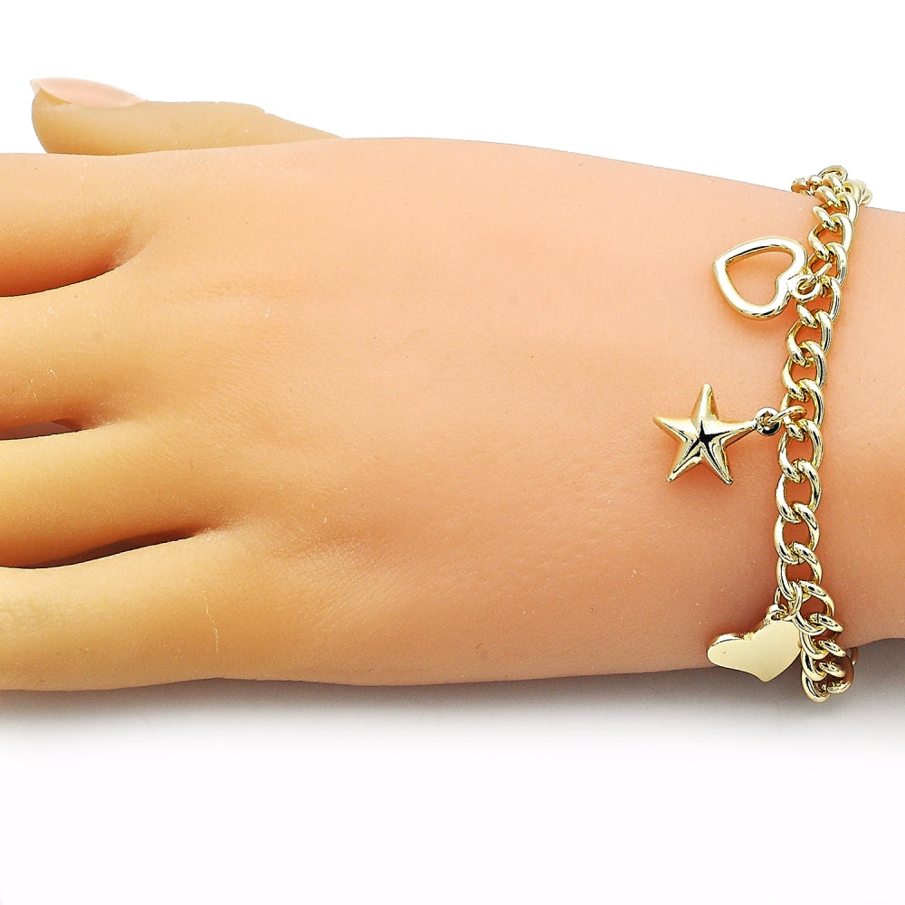 Oro Laminado Charm Bracelet, Gold Filled Style Miami Cuban and Heart Design, Polished, Golden Finish