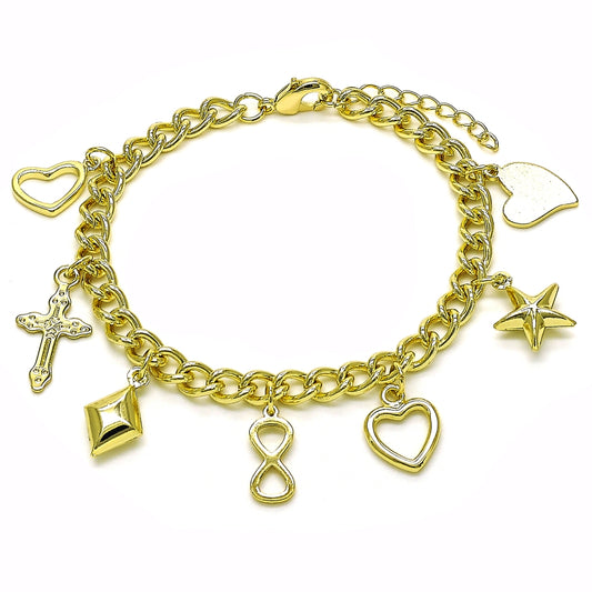 Oro Laminado Charm Bracelet, Gold Filled Style Miami Cuban and Heart Design, Polished, Golden Finish