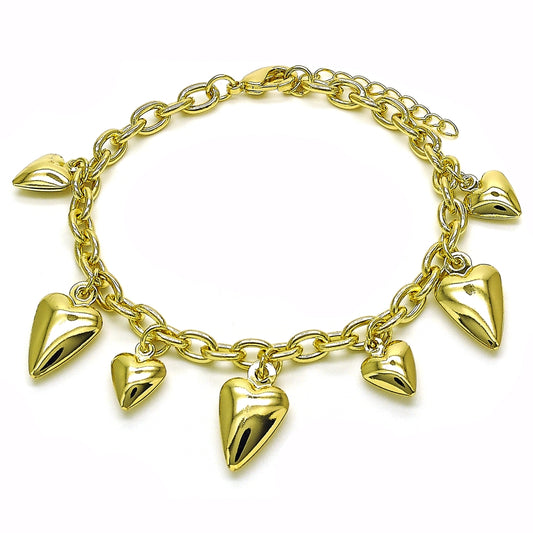 Oro Laminado Charm Bracelet, Gold Filled Style Heart and Rolo Design, Polished, Golden Finish