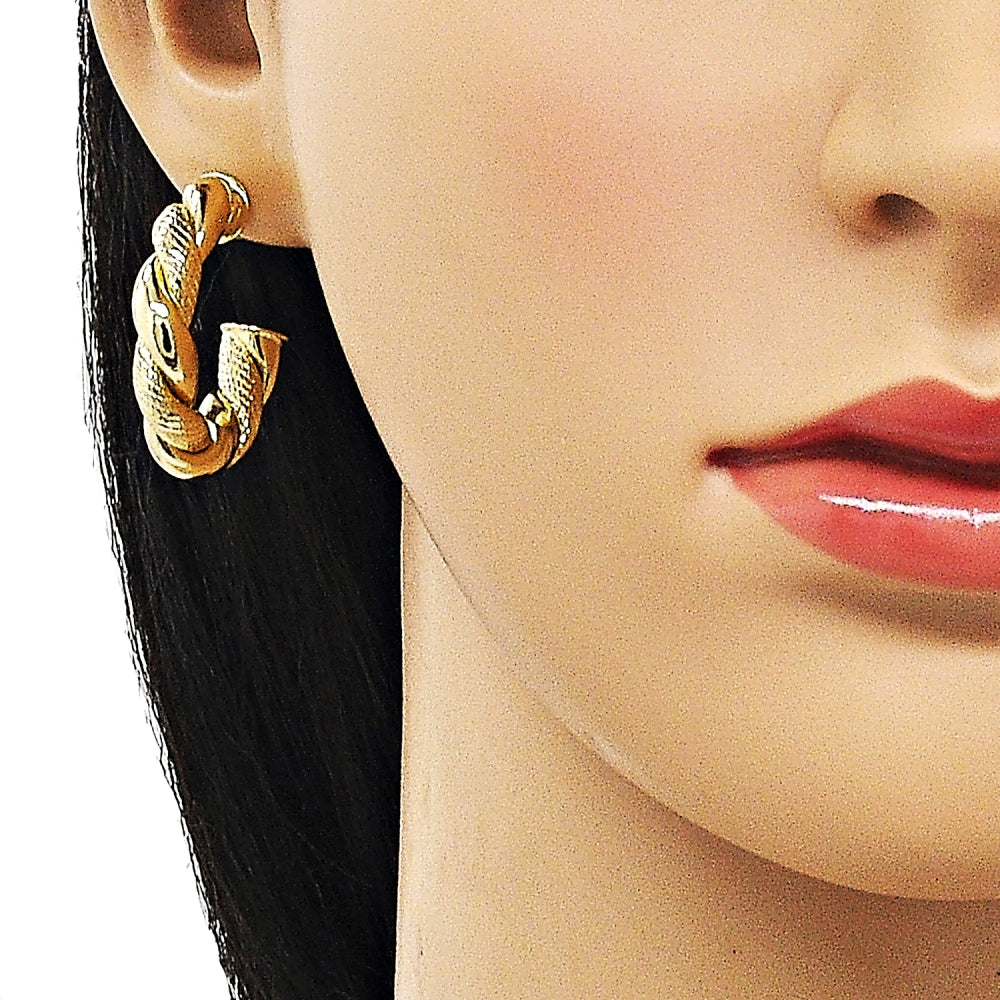 Oro Laminado Medium Hoop, Gold Filled Style Twist Design, Diamond Cutting Finish, Golden Finish