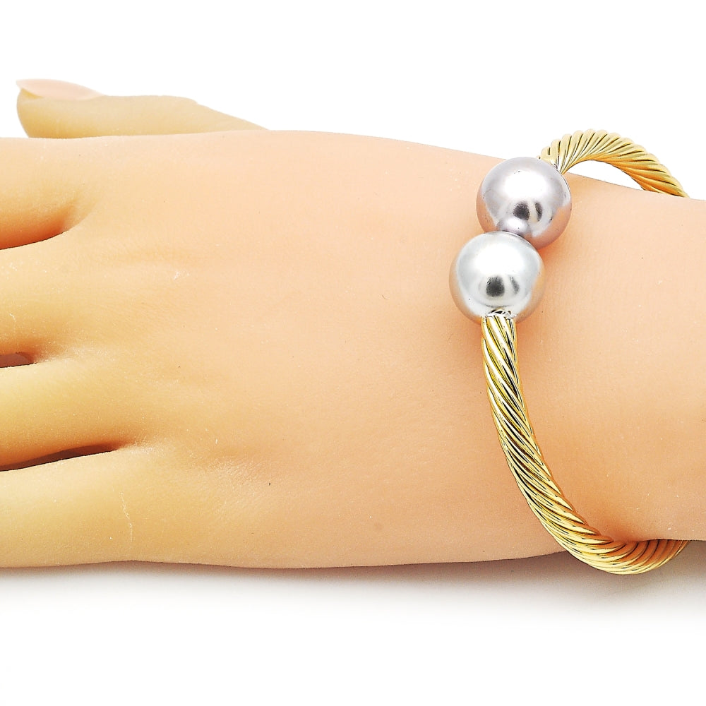Oro Laminado Individual Bangle, Gold Filled Style Ball and Twist Design, Polished, Tricolor