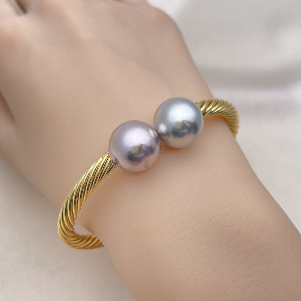 Oro Laminado Individual Bangle, Gold Filled Style Ball and Twist Design, Polished, Tricolor