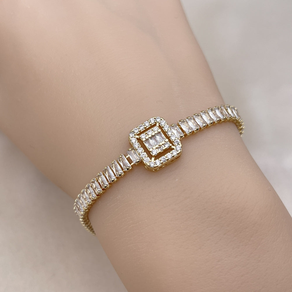 Oro Laminado Tennis Bracelet, Gold Filled Style Baguette and Cluster Design, with White Cubic Zirconia and White Micro Pave, Polished, Golden Finish